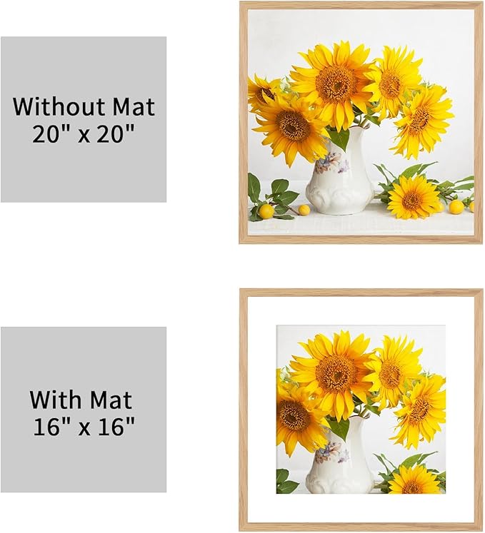 puthiac 20x20 Solid Oak Wood Picture Frame, Fits 16x16 with Mat or 20x20 Without Mat, Wall Display Only, Plexi Front, 3 Pack, Natural Oak