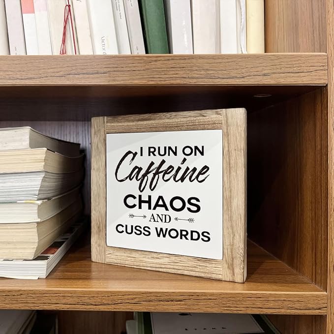 Modern Farmhouse Coffee Decor, White & Brown Wooden Box Sign, 5.9x5.9x0.7 Inch, I Run On Caffeine Chaos And Cuss Words