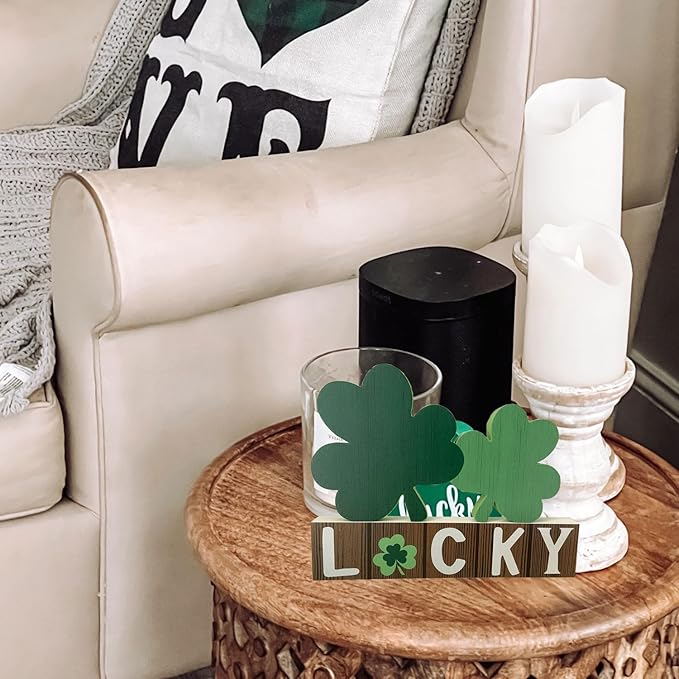 Lucky Wooden Sign St. Patrick's Day Table Decor Shamrock Home Office Table Top Decor Centerpiece Decorations for Tiered Trays Shelf Coffee Bar Mantle Windowsill