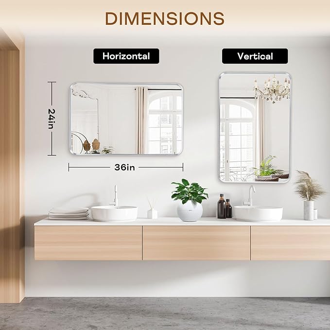 Wall Mount Mirror for Bathroom, Brushed Silver Metal Framed Rounded Corner Rectangular Vanity Mirror (24