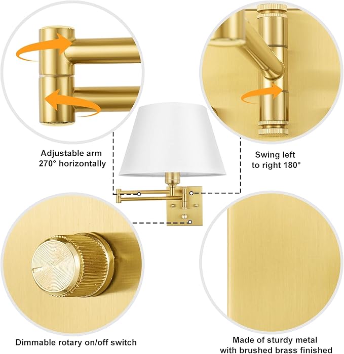 TRLIFE Remote Control Dimmable Wall Sconce, Adjustable Color Temperature 2700K-6500K Brushed Brass Swing Arm Wall Lights with Plug in Cord, 11.8