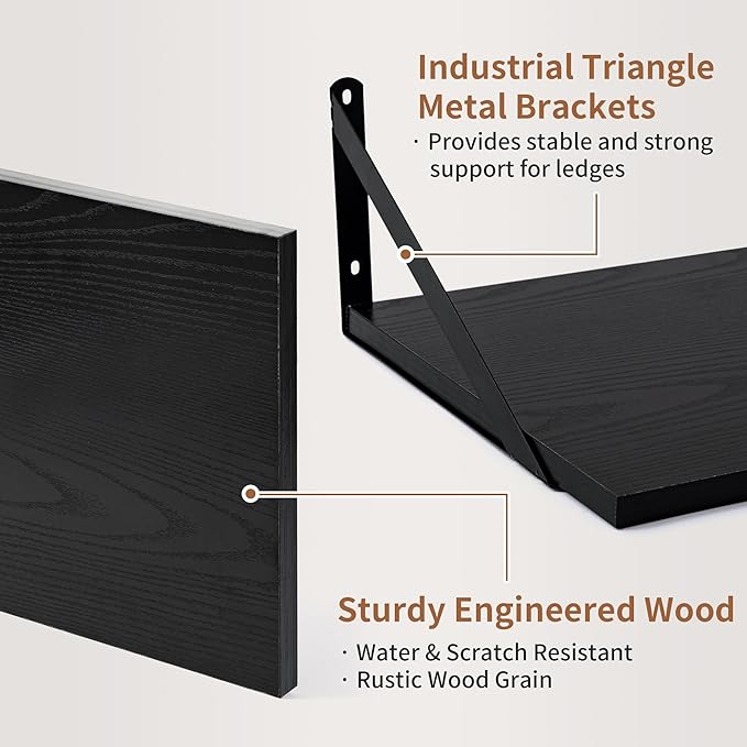 Axeman Deep Floating Shelves for Wall, 16W x 12D Black Floating Shelves Set of 2, 12 Inch Deep Large Wall Mounted Shelves for Living Room Bedroom Bathroom