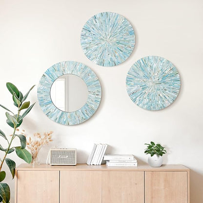 Beach Mirror Wall Decor for Living Room, 3PCS Natural Mother of Pearl Coastal Wall Art Bedroom Bathroom Decoration, Handmade Ocean Round Wall Hanging Sculptures for Home Office Holiday Hotel