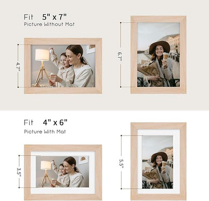 puthiac 5x7 Solid Oak Wood Picture Frame, Fits 4x6 with Mat or 5x7 Without Mat, Wall or Tabletop Display with Stand, Vertical or Horizontal, Plexi Front, 1 Pack, Natural Oak