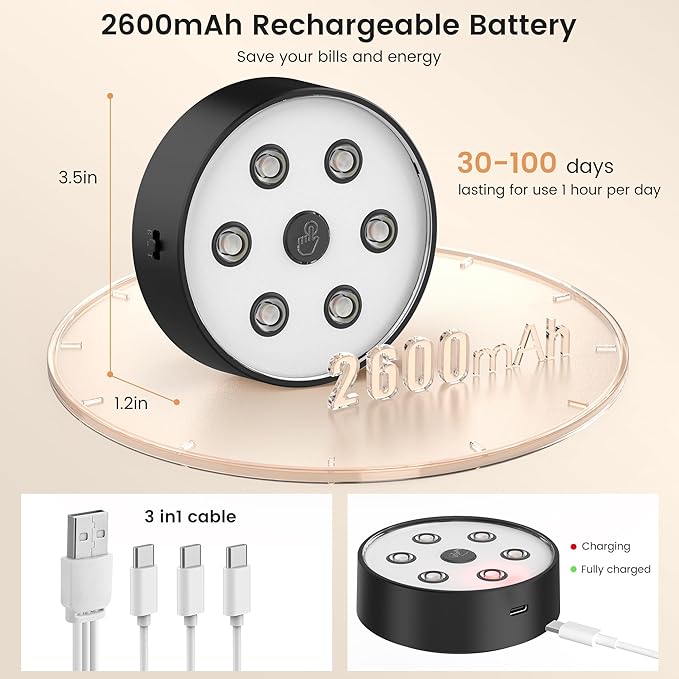 Onumii Rechargeable Puck Lights with Remote 2.4G Under Cabinet Lighting 2600mAh Sync and Groupable Color Changing Magnetic Stick on Tap Lights for Cabinet, Shelves, Display Case (6Pack Black)