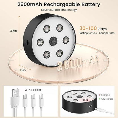 Onumii Rechargeable Puck Lights with Remote 2.4G Under Cabinet Lighting 2600mAh Sync and Groupable Color Changing Magnetic Stick on Tap Lights for Cabinet, Shelves, Display Case (6Pack Black)