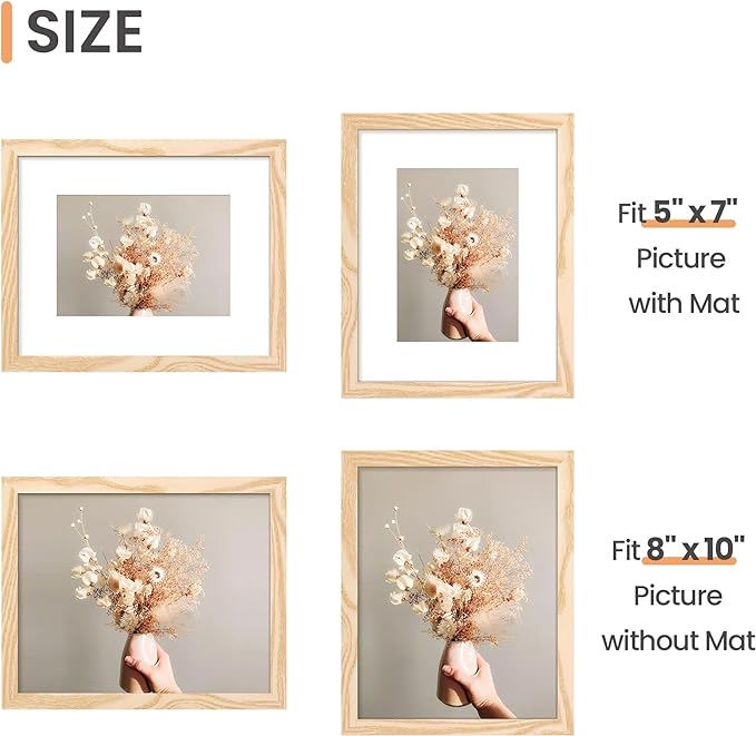 upsimples 8x10 Picture Frame Set of 5, Display Pictures 5x7 with Mat or 8 x 10 Without, Wall Gallery Photo Frames, Natural