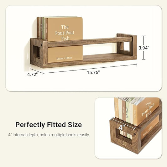 Upgraded Thick Floating Shelves, Solid Wood Bookshelf for Wall, Floating Book Shelves Use as Wall Shelves for Bedroom, Kids Room, Nursery, Books, Spice Rack & Decor – Dark Walnut Brown