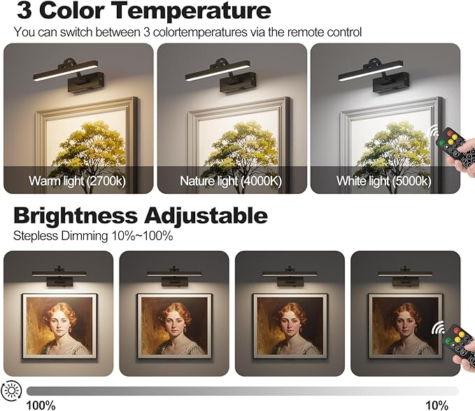 LED Wireless Picture Light with Remote Control,USB Rechargeable Battery Powered Art Lights,Dimmable,Timing,Black Wall Lights for Paintings,Picture Frame,Gallery(Black, 11.62inch)