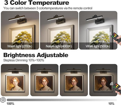 LED Wireless Picture Light with Remote Control,USB Rechargeable Battery Powered Art Lights,Dimmable,Timing,Black Wall Lights for Paintings,Picture Frame,Gallery(Black, 11.62inch)