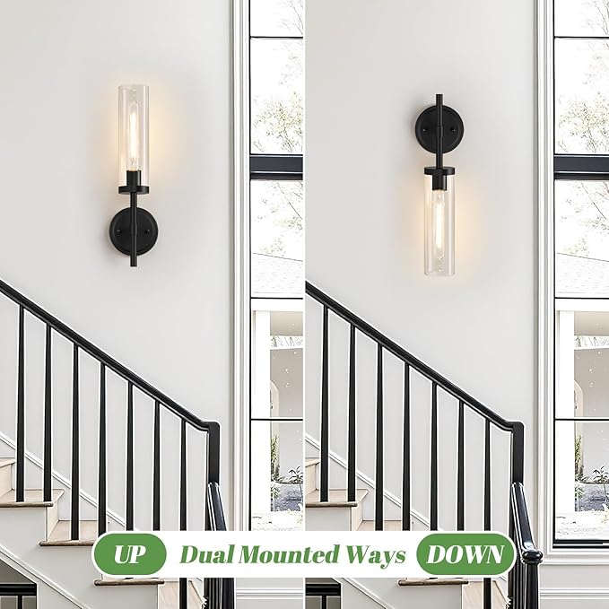 Wall Sconces Set of Two, Matte Black Bathroom Sconces with Clear Glass, Hardwired Sconces Wall Decor Set of 2, Modern Wall Light Fixtures for Bathroom Mirror Living Room Bedroom Hallway