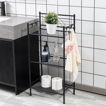 L&H UNICO 3-Tier Free Standing Wire Rack Durable Metal Shelving Storage Unit with Adjustable Feet 4-Hook for Bathroom Laundry Kitchen Office, Black