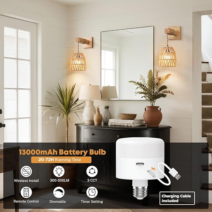Rattan Wall Sconce, Battery Operated Wall Sconce, Rechargeable Sconces Set of 2 with 13000mAh Bulbs, Boho Wireless Battery Powered Lamp/Lights for Bedroom (Wood)