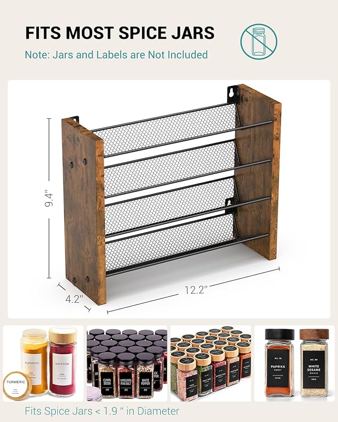 NESAPTO Spice Rack Organizer for Cabinet, Wooden 4 Tier Vertical Seasoning Organizers for Kitchen Pantry, Countertop/Wall Mount, Holds 24 Spice Jars (No Jars Included),12.2