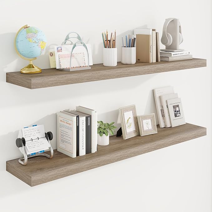 48in Floating Shelves for Wall, 48"W x 9.25"D x 1.25"H, 2 Pack Long Wall Mounted Engineered Wood Shelves with Invisible Brackets for Living Room, Bedroom, Bathroom, Kitchen Decor and Storage, Grey