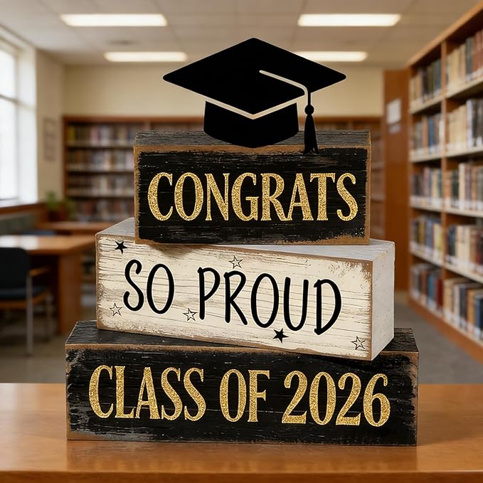 2026 Graduation Table Decorations Class of 2026 Senior Tiered Tray Decor Wooden Cap Block Signs Farmhouse Congrats Grad Tabletop Party Centerpiece for Tables Wooden Sign for Home Decor