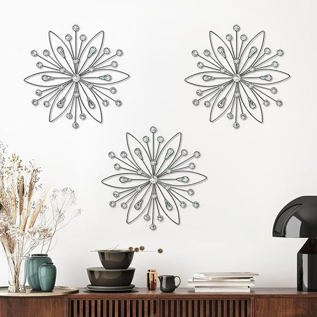 ZEXUIRU 3 Pack Black Sunburst Wall Decor – Metal Crystal Wall Art with Sparkling Rhinestones, 14’’/18 Inch Starburst Wall Hanging Set for Living Room Bedroom Bathroom – Modern Bling Home Decorations