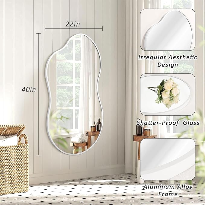 JJUUYOU Mirrors for Wall Metal Framed Decorative Irregular Large Mirrors 22"x40" Asymmetrical for Bathroom Bedroom Living Room Dressing Room Entryway White