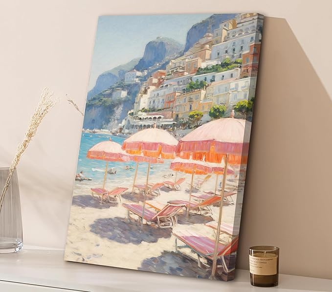 Pink Beach Wall Art Set of 3, Preppy Coastal Wall Decor Paintings, Italy Amalfi Coast Poster Canvas Prints, Beachy Surf Pictures Aesthetic for Teen Girls Bedroom Living Room Dorm 16x24 inch Framed
