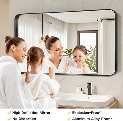Blck Bathroom Mirror for Over Sink - 20x40 Inch Metal Framed Round Corner Bathroom Mirror for Wall, Matte Large Vanity Mirror for Restroom, Entryway, Hanging Vertically or Horizontally