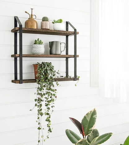 Mkono Floating Wall Shelf 3 Tier 23.5 Inch Rustic Wood Hanging Book Shelf Bathroom Mounted Shelving Storage Display Shelves for Living Room Bedroom Kitchen Office