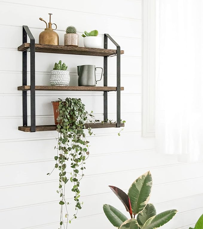 Mkono Floating Wall Shelf 3 Tier 23.5 Inch Rustic Wood Hanging Book Shelf Bathroom Mounted Shelving Storage Display Shelves for Living Room Bedroom Kitchen Office