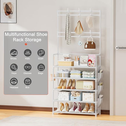 OYREL Shoe Rack 5 Tier Shoe Organizer Storage 15-20 Pairs Shoes Rack for Closet Entrance Shoe Rack Organizer with Hooks and Side Pocket Entryway Shoe Holder Space Saving Free Standing Shoe Racks