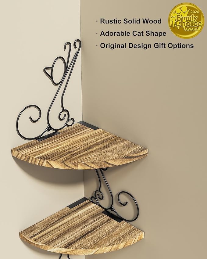 Alsonerbay Wall Mount Corner Shelves 4 Tier Floating Corner Storage Wood Shelves Decorative Rustic Radial Shelf in Cat Shape Carbonized Black