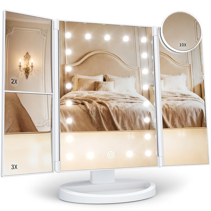 HUONUL Makeup Mirror, Vanity Mirror with Lights, 2X/3X/10X Magnification, Touch Control, Trifold, Dual Power Supply, Gifts Mothers Day for Mom,Gifts for Women, Wife, Girls,Dorm Room Essentials