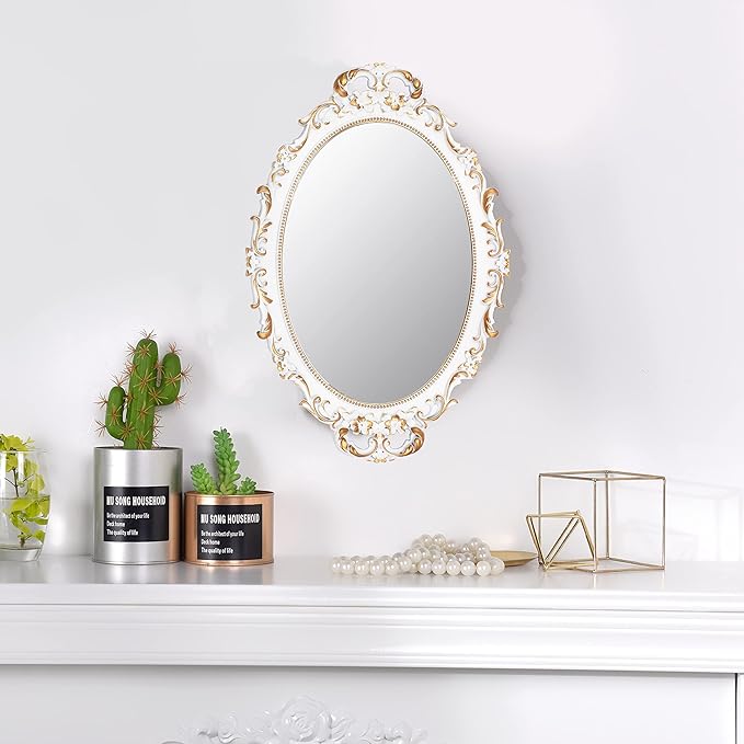 2 Pack - Vintage Decorative White Framed Mirror, Wall Hanging Mirrors & Tabletop Tray for Bedroom Living Room Dresser Decor, Oval- 9.6