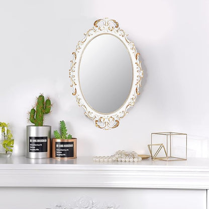 2 Pack - Vintage Decorative White Framed Mirror, Wall Hanging Mirrors & Tabletop Tray for Bedroom Living Room Dresser Decor, Oval- 9.6" W x 14.3" L (WHITE-2PACK)