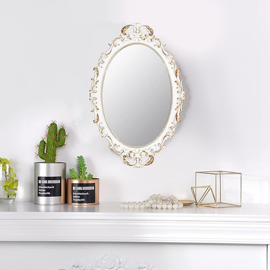 Vintage Decorative White Framed Mirror, Small Oval Wall Hanging Mirror - 9.6" W x 14.3" L (White)