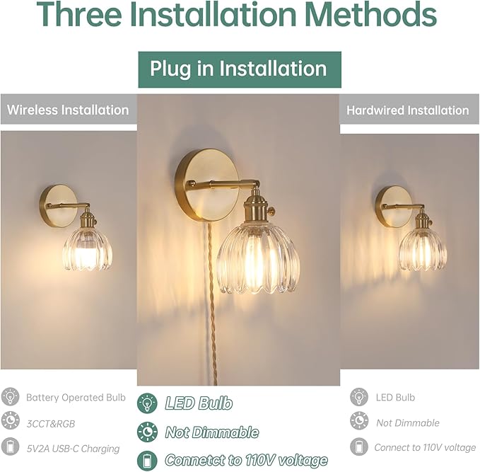 Plug in Wall Sconce, Transparent Tulip Glass Lampshade Wall Light Plugin Corded for Bedside Bedroom Doorway