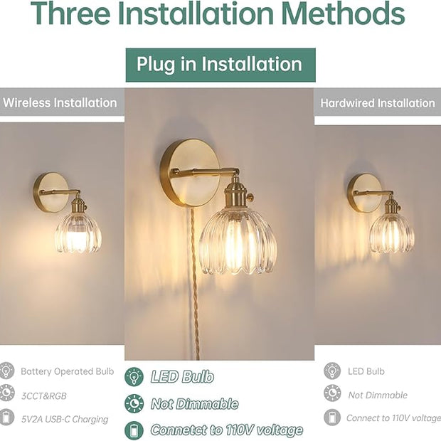 Plug in Wall Sconce, Transparent Tulip Glass Lampshade Wall Light Plugin Corded for Bedside Bedroom Doorway