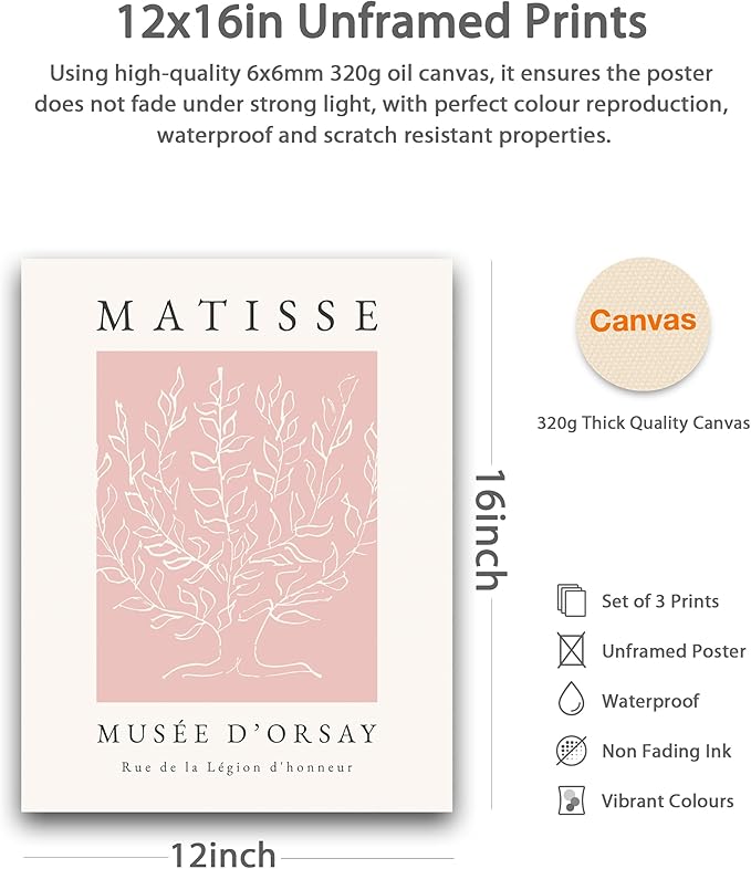 HesenDot Unframed Pink Wall Art Set of 3,12x16in Matisse Canvas Prints,Abstract Botanical Wall Decor Posters,Minimalist Modern Home Decoration for Living Room Bedroom Office