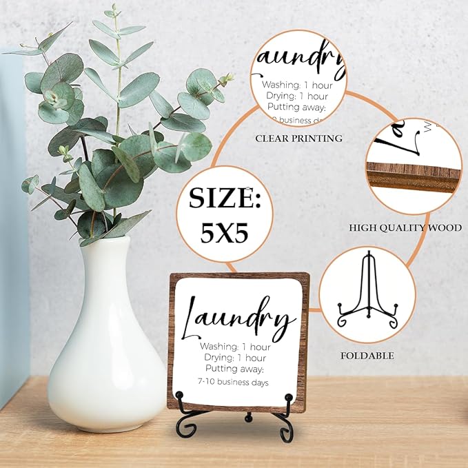 Funny Laundry Room Decor Sign for Bathroom, Laundry Sign: Washing 1 Hour, Drying 1 Hour, Putting Away 7-10 Business Days Wood Plaque Sign Rustic Wooden Plaque With Stand for Home Farmhouse Shelf Table
