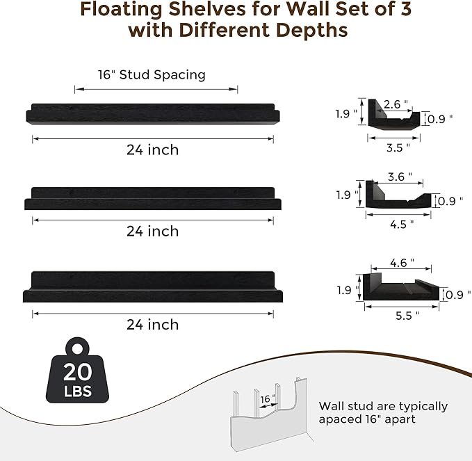 RICHFOCUS Floating Shelves for Wall, 24 inch Solid Wood Picture Ledge Shelf for Wall Storage, Nursery Book Shelves with Lip for Living Room Bathroom Bedroom Kitchen, Set of 3, Distressed Black
