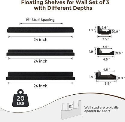 RICHFOCUS Floating Shelves for Wall, 24 inch Solid Wood Picture Ledge Shelf for Wall Storage, Nursery Book Shelves with Lip for Living Room Bathroom Bedroom Kitchen, Set of 3, Distressed Black
