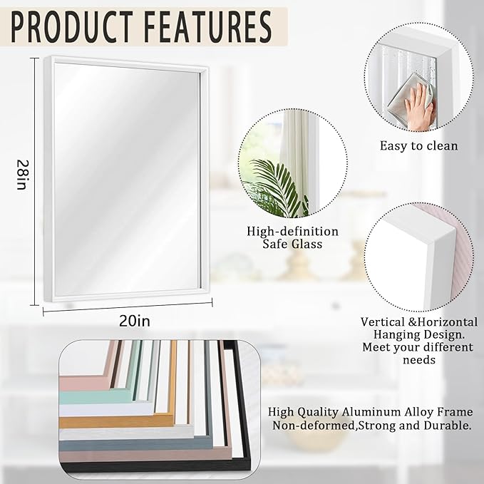 AAZZKANG Large Wall Mirror White Framed Mirrors 28"x20" Rectangle Decorative for Farmhouse Bedroom Bathroom Home Entryway Hanging Vertically or Horizontaly
