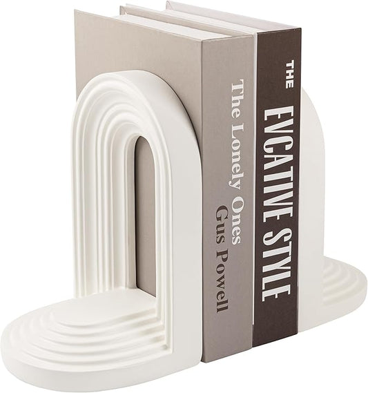 AELS Mordern Bookends, Mid Century Arch Heavy Duty Book Ends, Unique Decorative Bookend Supports for Shelves, Office Desktop Book Stand, Stopper for Books/Movies/CD, Cream