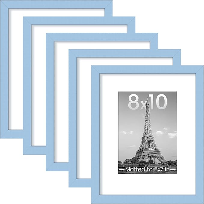 upsimples 8x10 Picture Frame Set of 5, Display Pictures 5x7 with Mat or 8 x 10 Without, Wall Gallery Photo Frames, Blue
