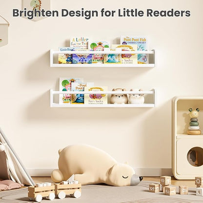 upsimples 2 Pack Nursery Book Shelves, 23.6 Inch Floating Bookshelves for Wall, Baby Nursery Decor, Small Solid Wood Wall Mounted Shelves for Baby Kids Boys Girls, White