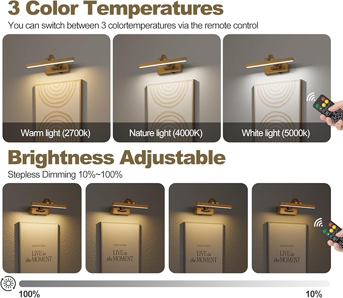 Picture Light with Remote 3 Colors Wireless Art Lights for Paintings,Rotatable Wall Sconce Rechargeable Battery Powered Painting Light,Dimmable Light Over Picture Frame for Gallery,Brass