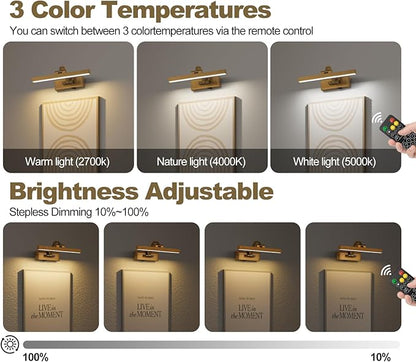 Picture Light with Remote 3 Colors Wireless Art Lights for Paintings,Rotatable Wall Sconce Rechargeable Battery Powered Painting Light,Dimmable Light Over Picture Frame for Gallery,Brass