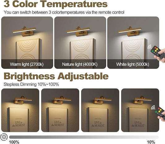 Picture Light with Remote 3 Colors Wireless Art Lights for Paintings,Rotatable Wall Sconce Rechargeable Battery Powered Painting Light,Dimmable Light Over Picture Frame for Gallery,Brass
