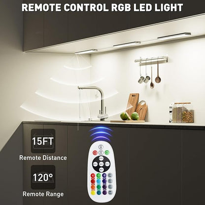 Under Cabinet LED Lighting Plug in, Aluminum RGB Color Changing Lights with Remote Control, 12in 3-Panel Wired Parallel, Ideal for Kitchen, Counter, Bookshelf – 15 Colors