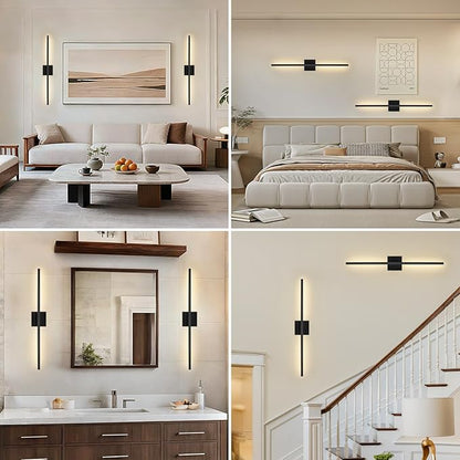 Battery Operated Wall Sconces Set of Two - Wireless Rechargeable Wall Light with Remote - Black LED Wall Lamp Dimmable Modern Home Decor for Bedroom Living Room 31.5 Inch (2 Pack)