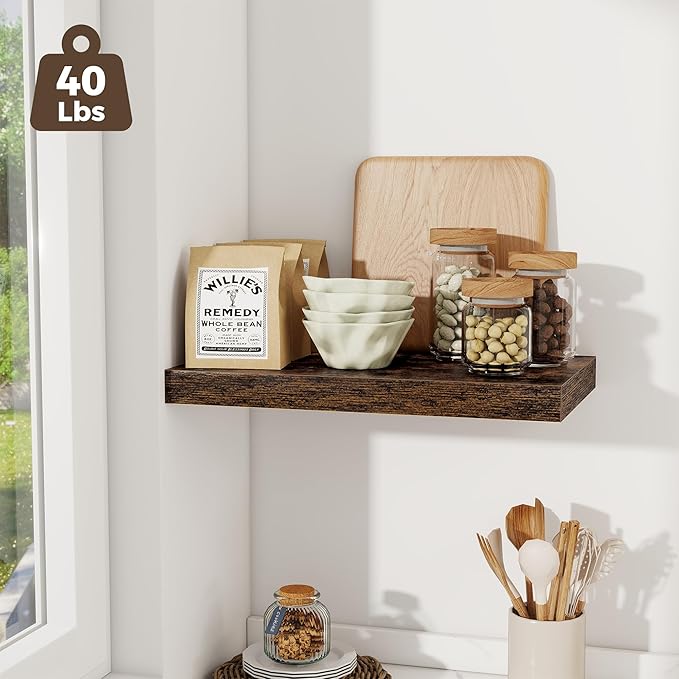 Fun Memories 12 Inch Deep Floating Shelves for Wall, 20 Inch Long Wall Mounted Storage Shelf, 3 Pack Hanging Wood Shelf for Farmhouse, Bedroom, Kitchen, Living Room, Rustic Brown