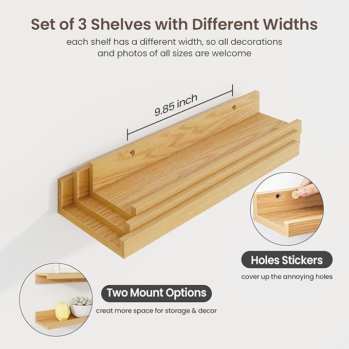 Axeman Picture Ledge Shelf | 16 Inch Oak Floating Shelves Set of 3 | Rustic Wood Wall Shelves with Lip | 16