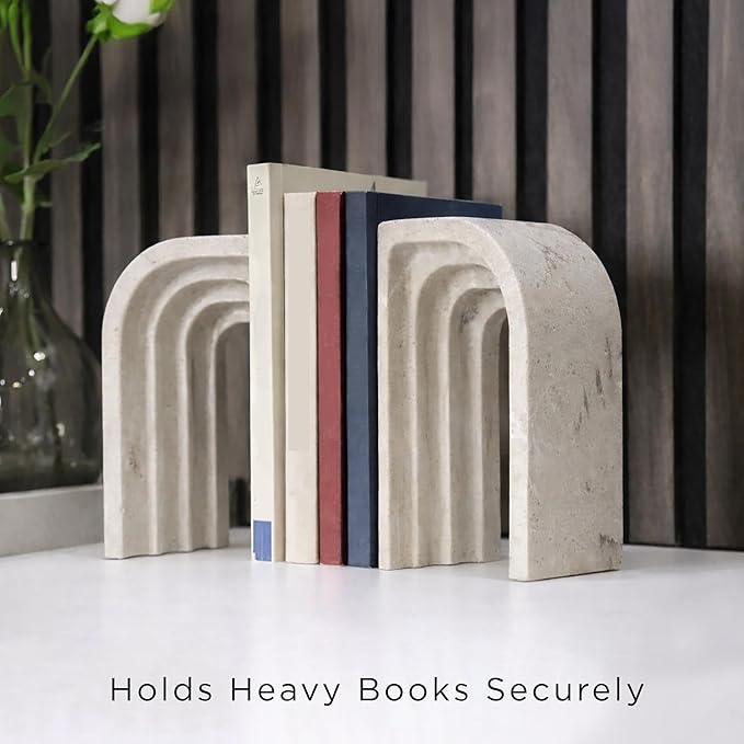 Decorative Bookends for Shelves – Heavy Duty Book Ends for Heavy Books, Stone-Inspired Composite Bookends, Non-Slip Base, Modern Home Office Decor, Gift Box Included, Set of 2